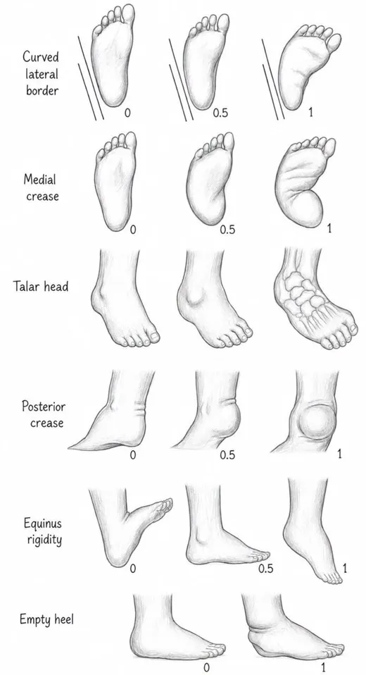 Drawings of the six Pirani signs, each shown at score 0, 0.5 and 1: curved lateral border, medial crease, talar head, posterior crease, equinus rigidity and empty heel